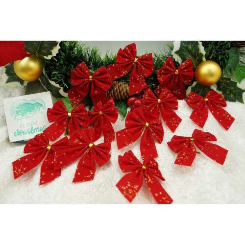 12 db-os karácsonyfa masni készlet, Piros, 6 x 8 cm, poliészter, Flippy