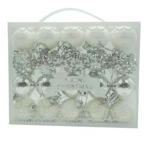 Set de 20 ornamente de brad, KipHome, de tip Glob, Alb/ Argintiu, din polistiren, cu finisaj sclipitor , cutie  4  cm adancime x 20  cm lungime x 16  cm inaltime 107621176 - Decorațiuni pentru pomul de Crăciun