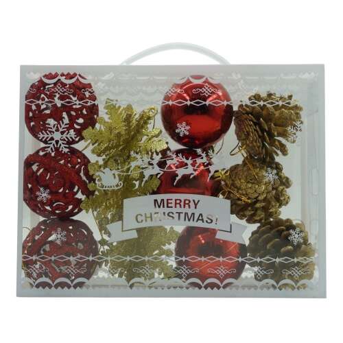 Set de 12 ornamente de brad, KipHome, de tip Glob, Rosu/ Auriu, din plastic, cu finisaj sclipitor , cutie  6  cm adancime x 23  cm lungime x 18  cm inaltime 107621210