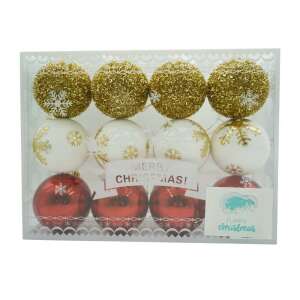 Set de 12 ornamente de brad, KipHome, de tip Glob, Alb/ Rosu, din polistiren, cu finisaj sclipitor , cutie  8  cm adancime x 32  cm lungime x 24  cm inaltime 107621218 - Decorațiuni pentru pomul de Crăciun