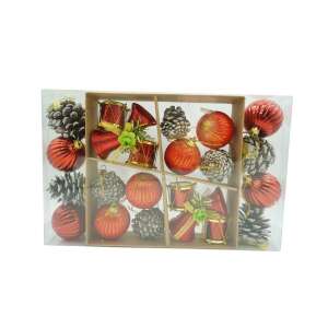 Set de 24 ornamente de brad, KipHome, de tip Glob, Rosu/ Maro, din polistiren, cu finisaj sclipitor , cutie  5  cm adancime x 29  cm lungime x 19  cm inaltime 107621219 - Decorațiuni pentru pomul de Crăciun