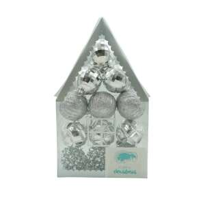 Set de 12 ornamente de brad, KipHome, de tip Glob, Argintiu, din plastic, cu finisaj sclipitor , cutie  6  cm adancime x 30  cm inaltime x 18  cm lungime) 107621385 - Decorațiuni pentru pomul de Crăciun