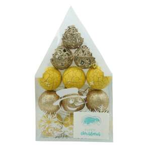 Set de 12 ornamente de brad, KipHome, de tip Glob, Auriu/ Galben, din plastic, cu finisaj sclipitor , cutie  6  cm adancime x 30  cm inaltime x 18  cm lungime) 107621378 - Decorațiuni pentru pomul de Crăciun