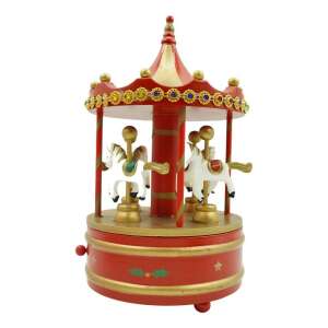 Karácsonyi díszítésű zenedoboz, forgó körhinta, piros, fa, beltéri, flippy