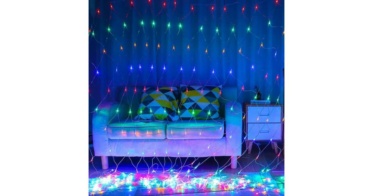 Flippy Karácsonyi fényháló, IP 44, 12 x 1 m, 480 LED, Multicolor, Transzformátor, Összeköthető, 5 m hosszabbítóval, Átlátszó vezeték 107632752