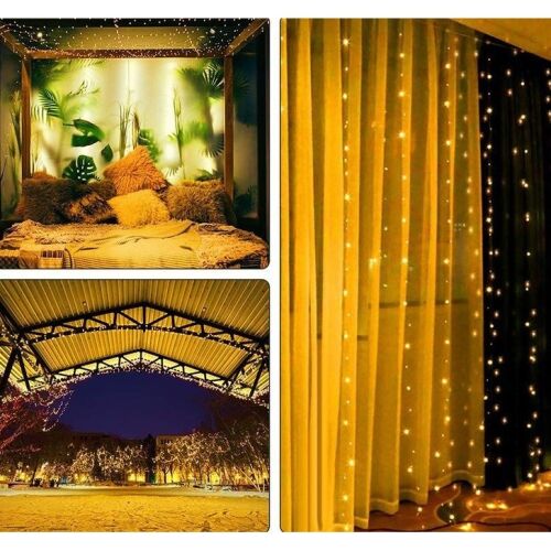 Collage of LED Curtain String Lights in Various Settings