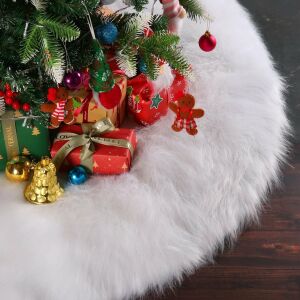 Festive white faux fur Christmas tree skirt with ornaments and gifts - Christmas Decoration