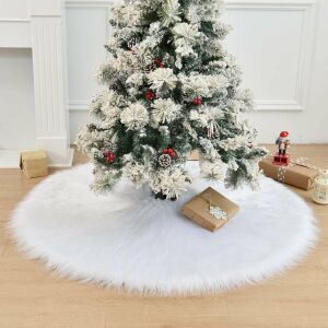 Haipai white faux fur Christmas tree skirt under decorated Christmas tree - Christmas tree stand