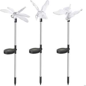 Set of 3 solar powered LED garden lights, featuring butterfly, dragonfly, and hummingbird designs. Each light is 43cm tall and features a color-changing LED. - Nonbrand Solar lantern