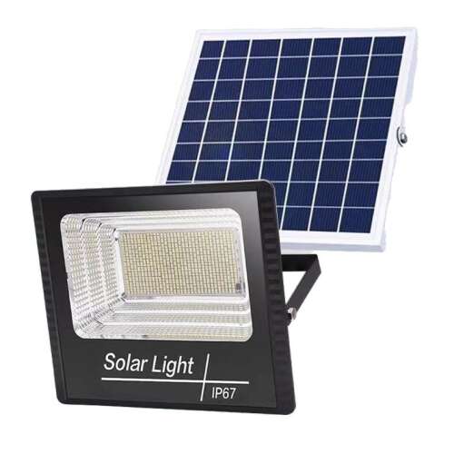 Proiector LED cu energie solară cu clasă de protecție IP67, 15cm x 20cm, 65W, 114 LED-uri SMD, telecomandă, senzor de mișcare, cronometru, 2 moduri de iluminare