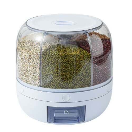 Flippy 360 degree rotating grain dispenser with 6 compartments, 3 liter capacity, white