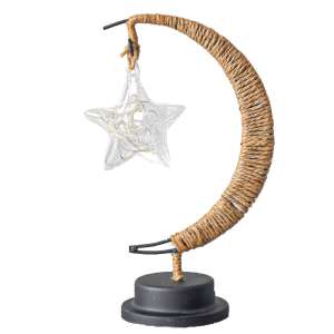 Lampka nocna Flippy w kształcie półksiężyca z wiszącą gwiazdą, ciepłe białe LED, rama metalowa, wzór z sznurka, 28x15 cm - Lampa dekoracyjna