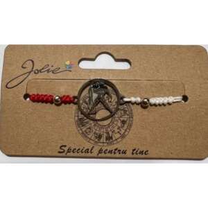 Jolie Aquarius Zodiac Bracelet, red and white string, silver charm - Women's Accessory