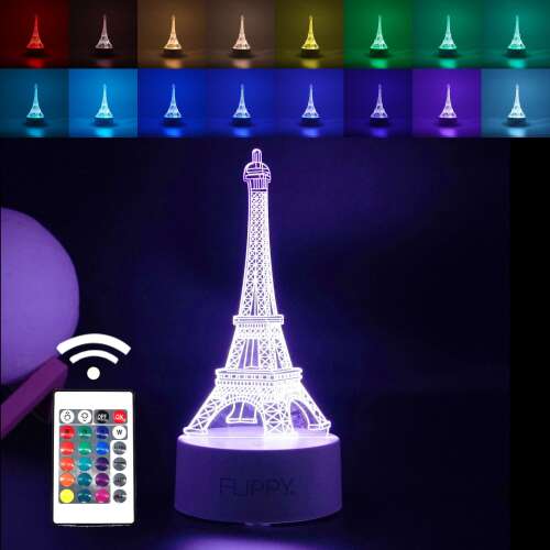Flippy 3D Eiffel-torony LED lámpa távirányítóval és 16 színopcióval - Dekorációs lámpa