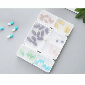 Úložný box na lieky, 7 samostatne utesnených priehradiek, skladací, prenosný, Flippy, bielo/modrý