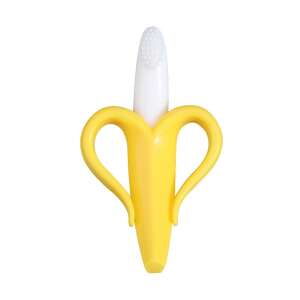 Yellow banana shaped baby teether with a soft silicone brush on the end - Chewing gum