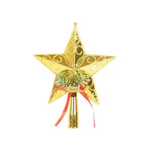 Golden star Christmas tree topper with red ribbon and green pine branches, Merry Christmas decoration - Christmas tree ornament