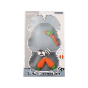 Комплект за хранене от силикон за бебета, с форма на зайче, включва чиния с преграда, лъжица, вилица, сламка и четка за сламка - Бебе & Малко дете