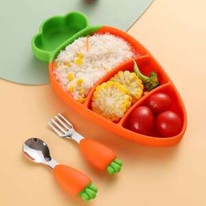 Flippy baby carrot shaped silicone plate with 3 compartments, spoon, fork, and straw - Children's dinnerware set