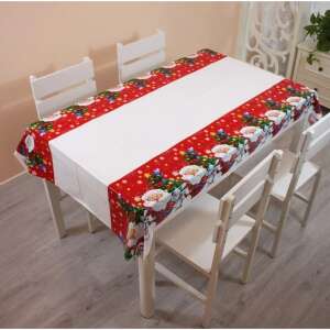White rectangular tablecloth with red and green Christmas design featuring Santa Claus and bunnies, perfect for festive gatherings. - Tablecloth