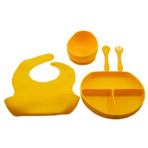 Baba silicone feeding set, 5 pieces, yellow: bib, bowl, plate, spoon, fork - Children's dinnerware set