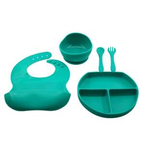 Green silicone baby feeding set with bib, plate, bowl, spoon and fork - Children's dinnerware set