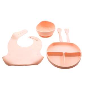 Pink silicone baby feeding set with bib, bowl, plate, spoon and fork - Children's dinnerware set