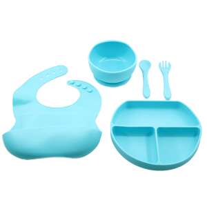 5 piece baby feeding set, blue silicone, includes bib, bowl, plate, spoon, fork - Children's dinnerware set
