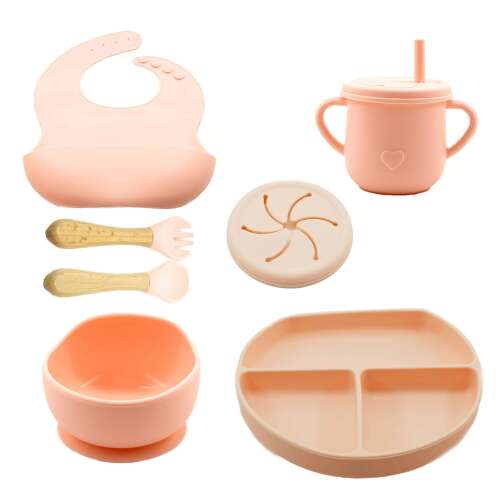 8 piece baby feeding and diversification set, includes silicone bib, suction bowl, suction plate, cup with straw, wooden spoon and fork, all in pink color