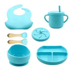 Baba silicone baby feeding set with bib, cup, bowl, plate, and utensils, blue - Children's dinnerware set
