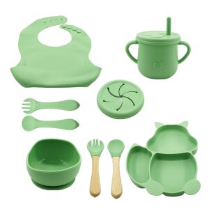 Flippy Baba 10-piece green silicone baby feeding set including bib, bowl, plates, utensils, and sippy cup - Children's dinnerware set