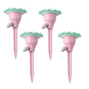 Set of 4 pink and green flower shaped self watering spikes for plants - Drip Irrigation System