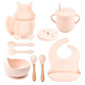 Flippy 10 piece baby and toddler diversification set in pink, including silicone plates, bowls, spoons, forks, a cup, and a bib - Children's dinnerware set