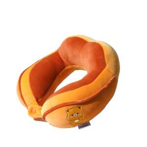 Cestovný vankúšik, Flippy, na krk a hlavu, bavlnená výplň, 28x28x10 cm, s vyšívaným vzorom medveďa, oranžová