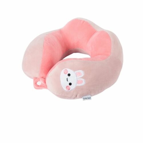Ružový cestovný vankúš na krk Flippy s motívom zajačika, pohodlná opora hlavy a krku