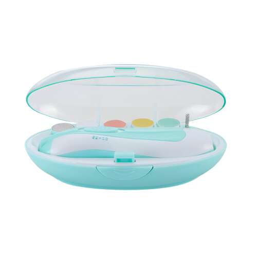 Flippy electric baby nail trimmer with 6 attachments and LED light in blue and white, in a clear plastic case