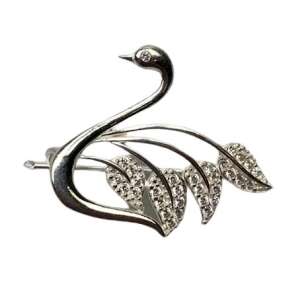 Silver 925 Swan brooch with leaves and diamonds, Lebada - Brooch