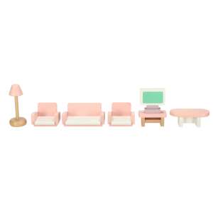 Wooden dollhouse living room furniture set, pink and natural wood, includes sofa, armchairs, coffee table, TV stand and lamp - JM
