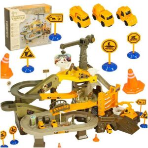 Ikonka Autópálya Mining Construction Parking Garage Playset with Crane and Toy Trucks - Motorway & Parking Garage