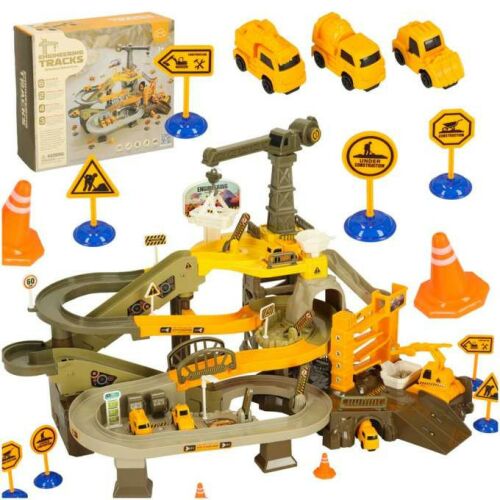Ikonka Autópálya Mining Construction Parking Garage Playset with Crane and Toy Trucks