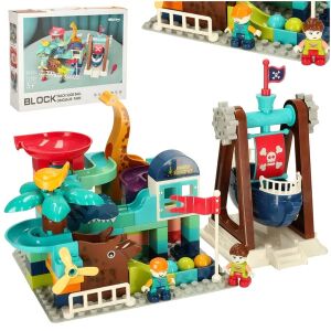 Ibi-irn Dinosaur Park Building Blocks Set with Ball Track and Pirate Ship Swing - Plastic Building Toy