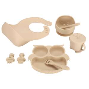 Beige silicone baby feeding set with owl design, includes bowl, plate, cup, spoon, fork, bib - Children's dinnerware set