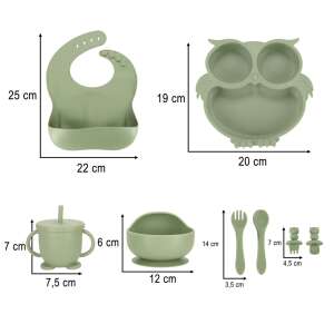 Green silicone baby feeding set with owl plate, bowl, cup, spoon, fork, and bib, with dimensions. - Children's dinnerware set