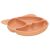 Peach silicone bear-shaped baby plate with compartments, angled view