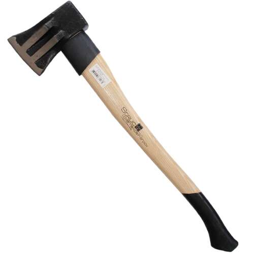 Splitting axe with wooden handle and black rubber grip