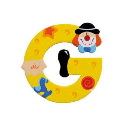 Drewniana litera G Sevi z motywem klauna, żółta