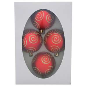 Set of 4 red Christmas tree baubles with gold swirl pattern, MagicHome brand, 7 cm diameter - Christmas tree ornament