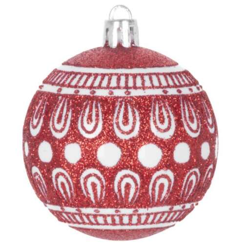 Red Christmas ornament with white glitter and pattern