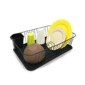 Uscător de vase negru cu farfurii și căni, 43x35x13 cm - Scurgator vase