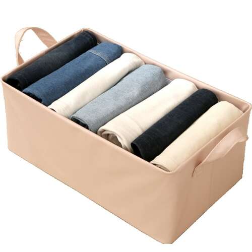 Pink foldable storage box with handles, filled with clothes, Flippy storage box
